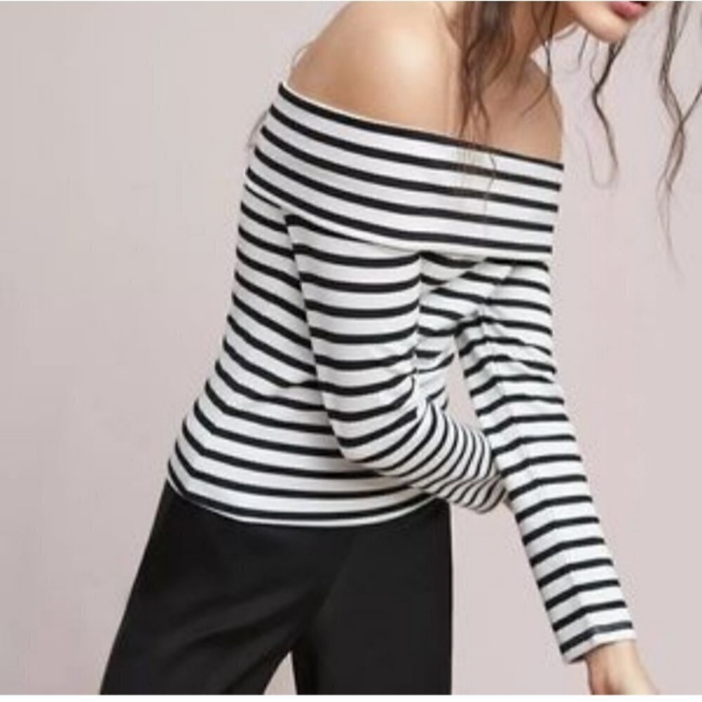NWT by Anthropologie Alta Off the Sholder Top White Black Stripe 3/4 Sleeve, XS